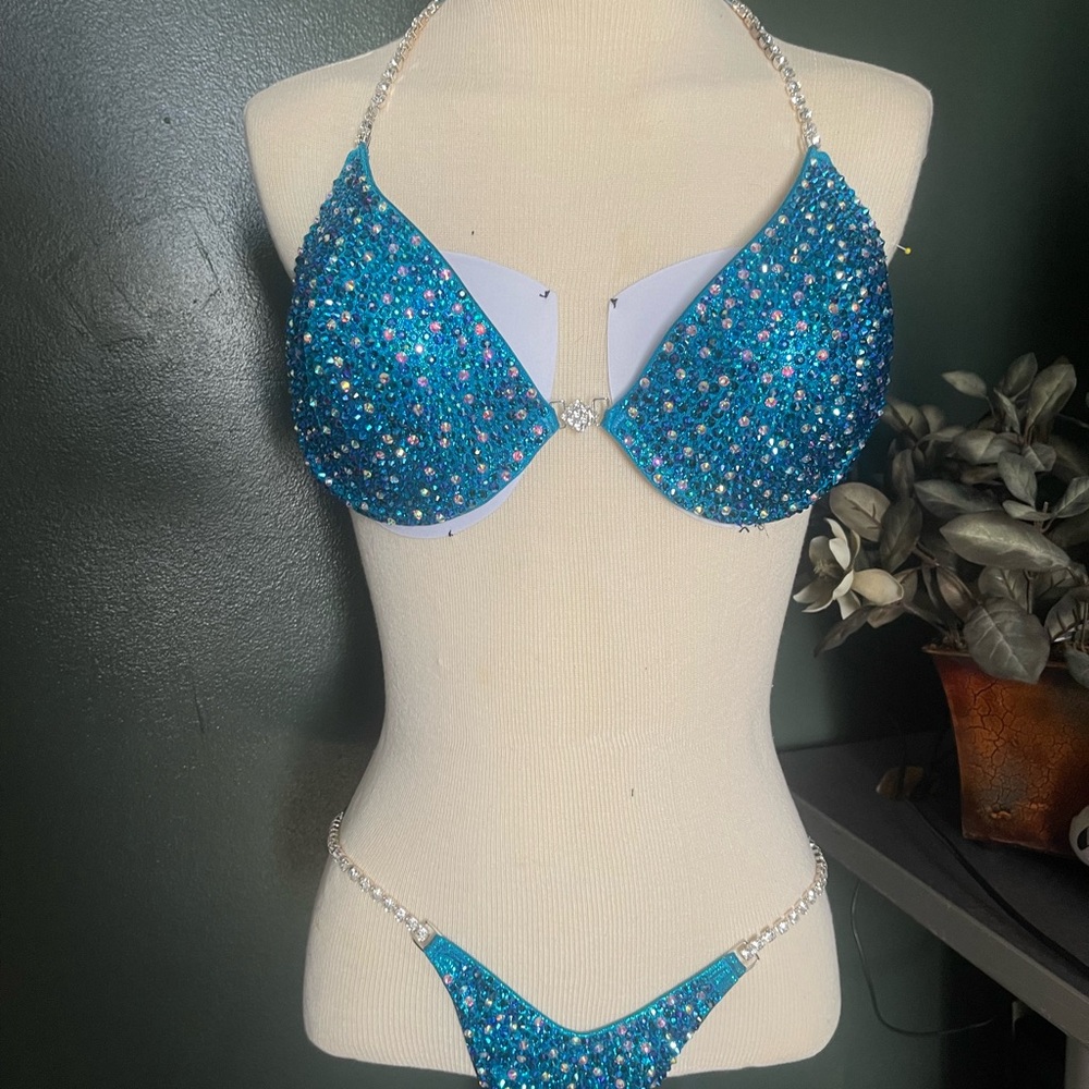 Embellished Teal Crystal Bikini Top & Bottom Set